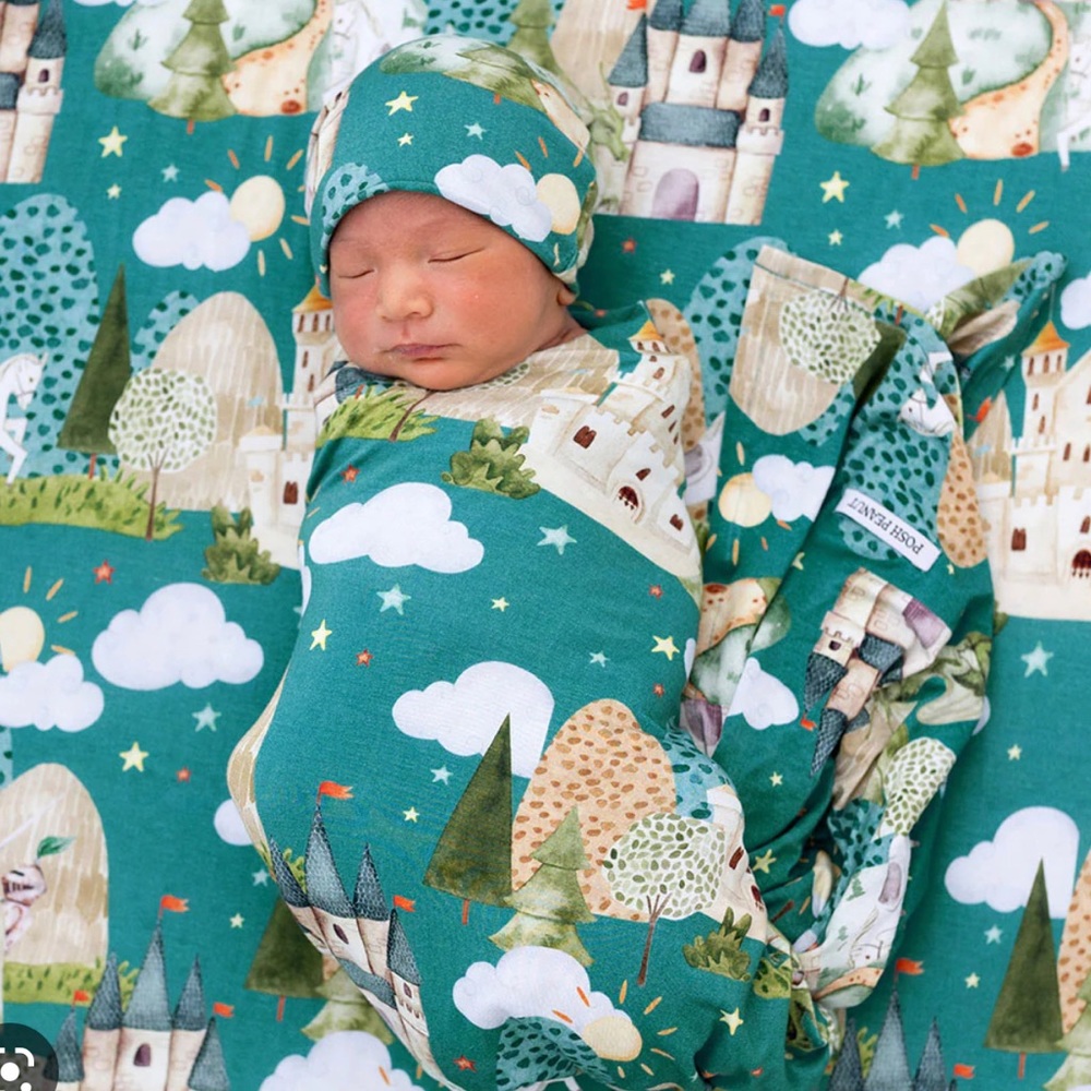 Posh Peanut Dragons Green Swaddle + Beanie